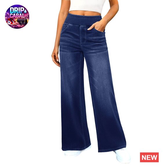 Wide Leg Jeans High Waisted Stretchy Denim Elastic Waist Pull On Trendy Baggy